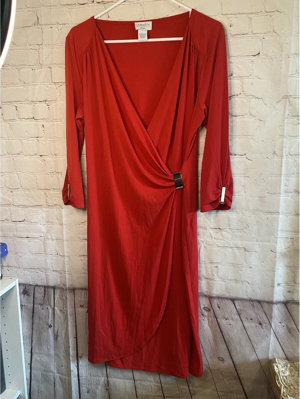 Women’s Red Dress Size Large Faux Wrap with 3/4 Sleeve